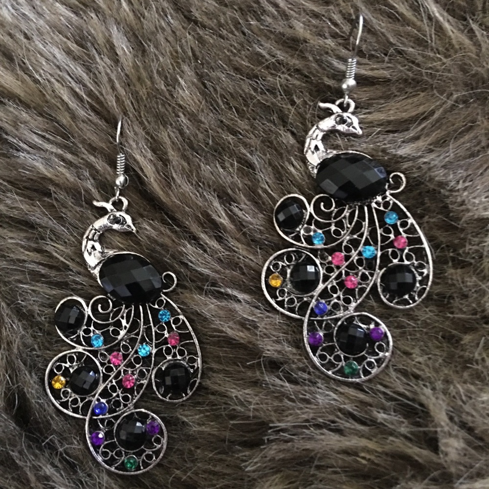 Multi tone rhinestone peacock fish hook earrings